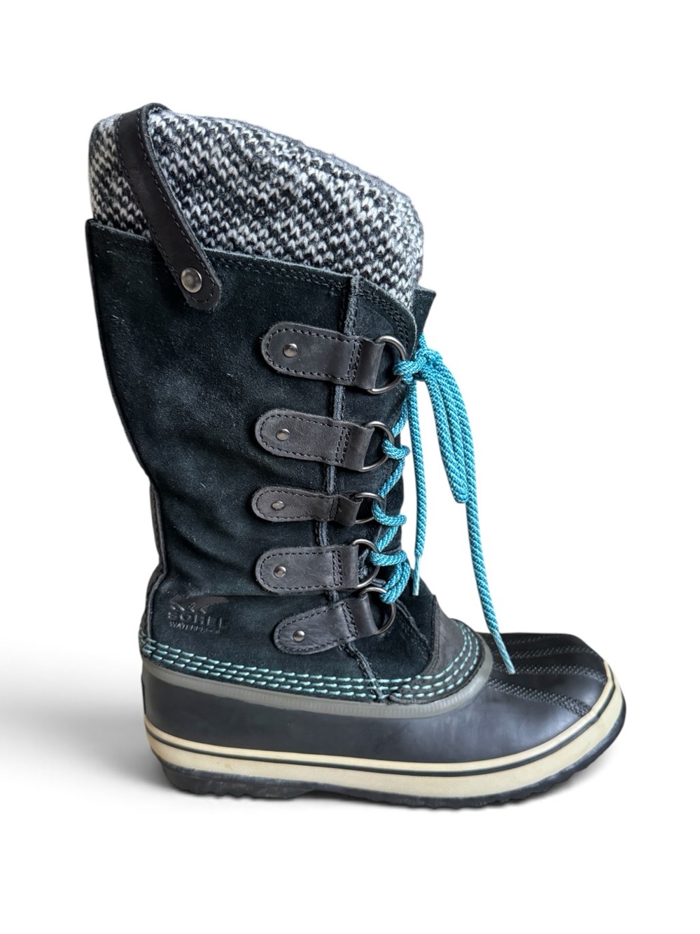 Sorel Joan of Arctic Knit Waterproof Snow Boots Black Blue Size 7